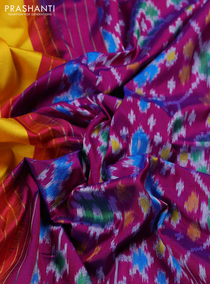 Pochampally silk saree yellow and magenta pink with plain body and temple design zari woven border