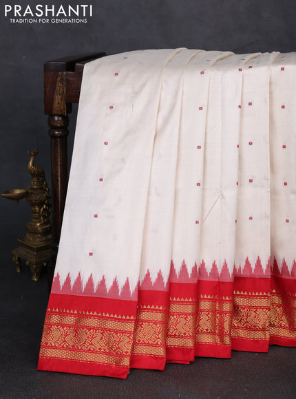 Pochampally silk saree off white and red with allover thread woven buttas and temple design zari woven border