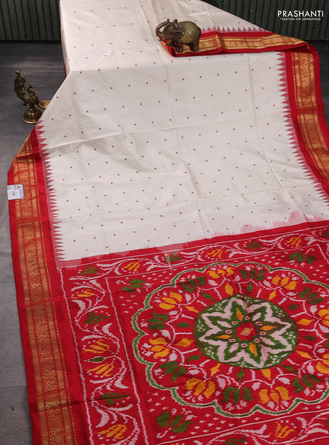 Pochampally silk saree off white and red with allover thread woven buttas and temple design zari woven border