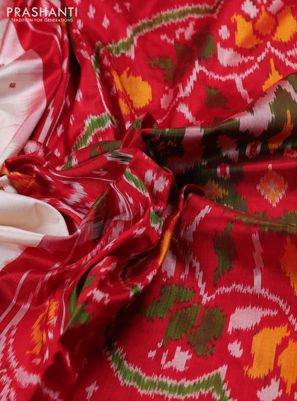 Pochampally silk saree off white and red with allover thread woven buttas and temple design zari woven border