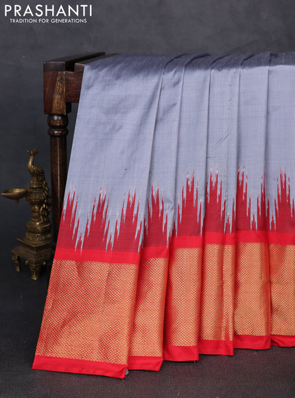 Pochampally silk saree grey and red with plain body and temple design long zari woven border