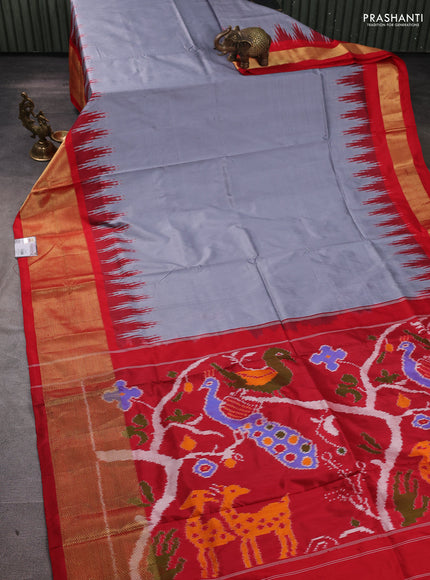 Pochampally silk saree grey and red with plain body and temple design long zari woven border