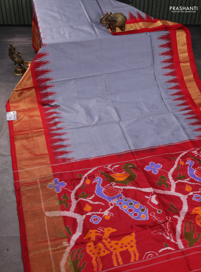Pochampally silk saree grey and red with plain body and temple design long zari woven border