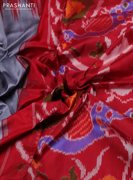 Pochampally silk saree grey and red with plain body and temple design long zari woven border
