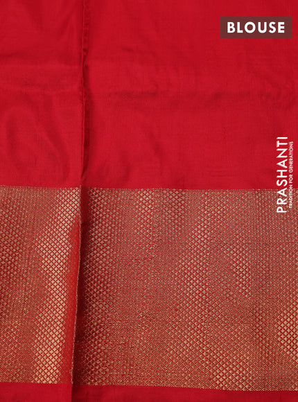 Pochampally silk saree grey and red with plain body and temple design long zari woven border