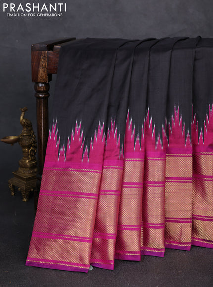 Pochampally silk saree black and magenta pink with plain body and temple design long zari woven border