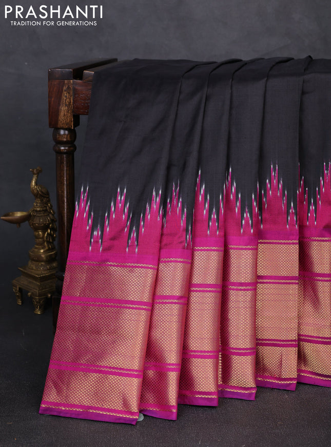 Pochampally silk saree black and magenta pink with plain body and temple design long zari woven border
