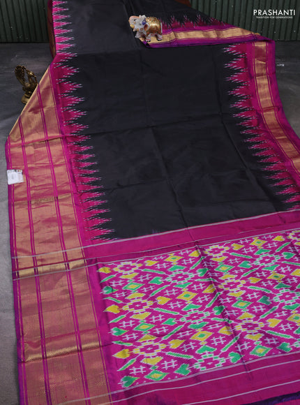 Pochampally silk saree black and magenta pink with plain body and temple design long zari woven border