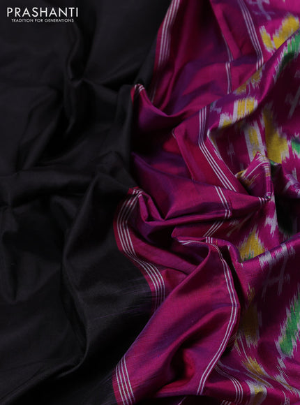 Pochampally silk saree black and magenta pink with plain body and temple design long zari woven border