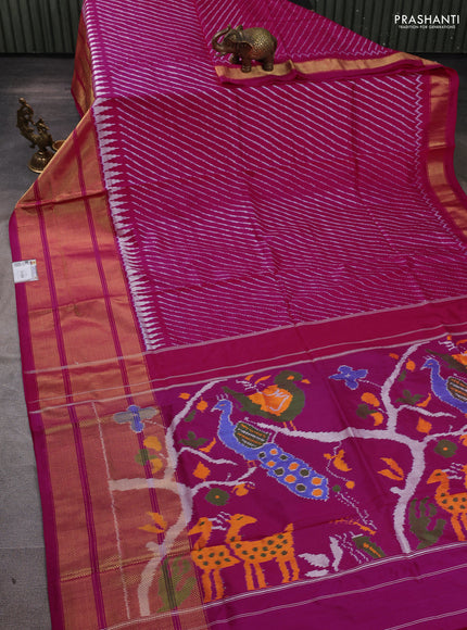 Pochampally silk saree pink with allover ikat weaves and temple design long zari woven border