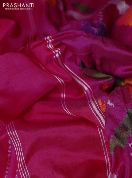 Pochampally silk saree pink with allover ikat weaves and temple design long zari woven border