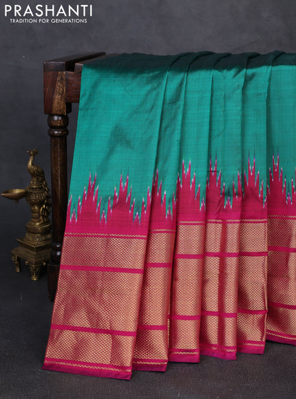 Pochampally silk saree green and drak magenta pink with plain body and temple design long zari woven border