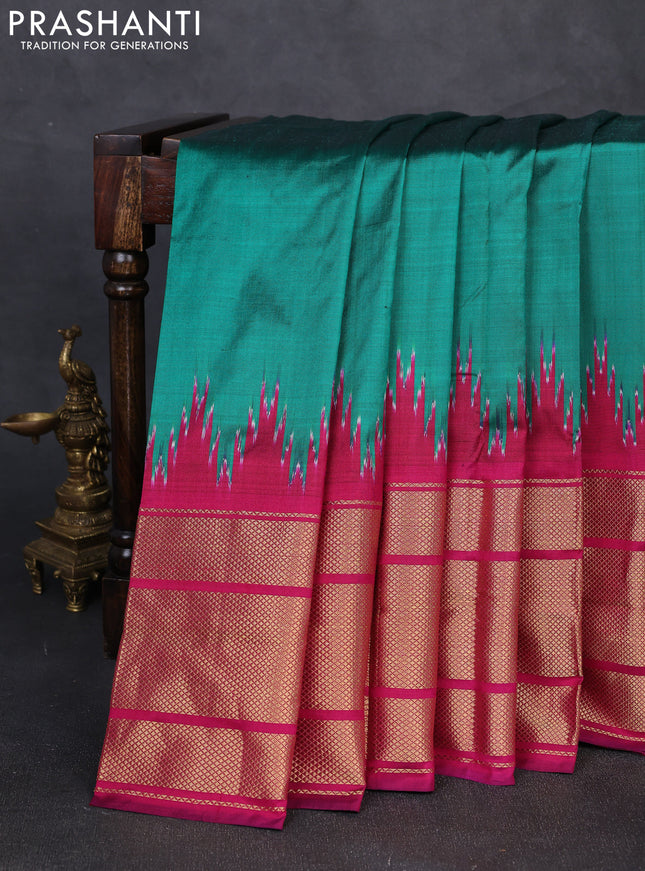 Pochampally silk saree green and drak magenta pink with plain body and temple design long zari woven border