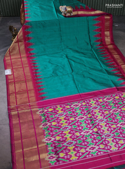 Pochampally silk saree green and drak magenta pink with plain body and temple design long zari woven border