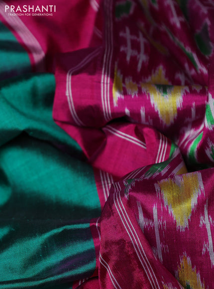 Pochampally silk saree green and drak magenta pink with plain body and temple design long zari woven border