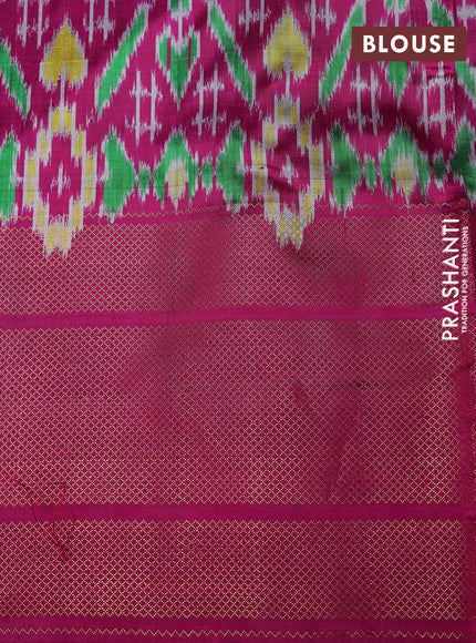 Pochampally silk saree green and drak magenta pink with plain body and temple design long zari woven border