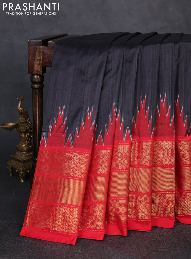 Pochampally silk saree black and red with plain body and temple design long zari woven border