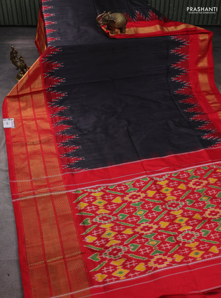 Pochampally silk saree black and red with plain body and temple design long zari woven border