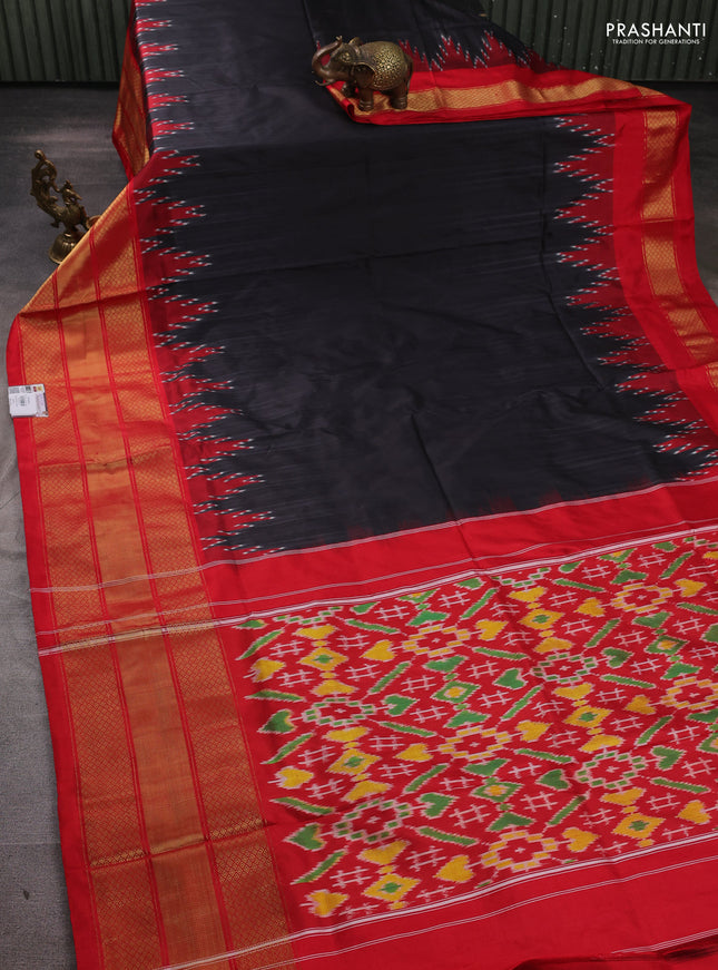Pochampally silk saree black and red with plain body and temple design long zari woven border