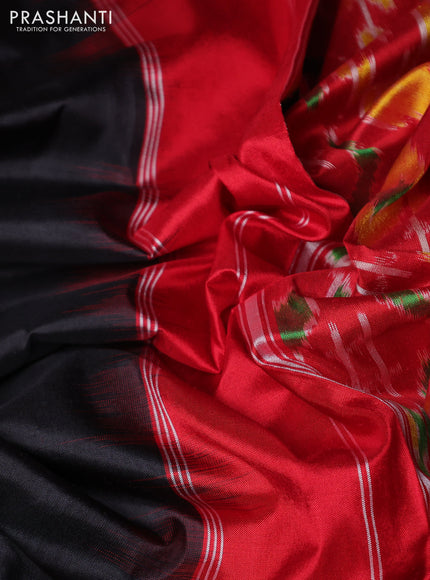 Pochampally silk saree black and red with plain body and temple design long zari woven border
