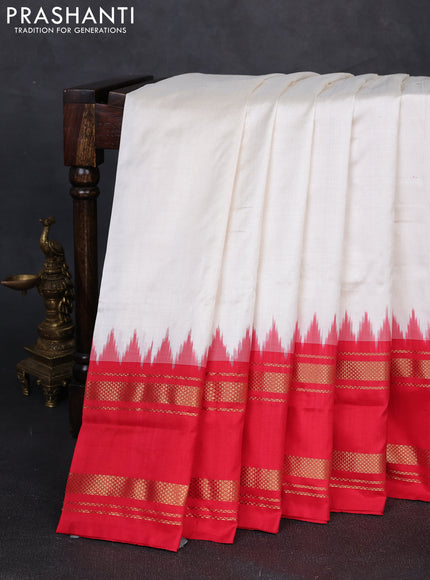 Pochampally silk saree off white and red with plain body and temple design rettapet zari woven border