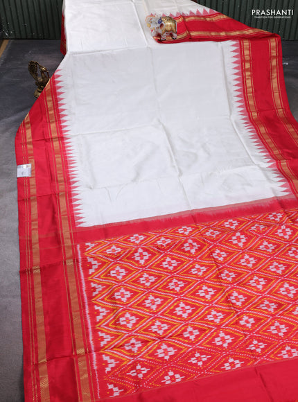 Pochampally silk saree off white and red with plain body and temple design rettapet zari woven border