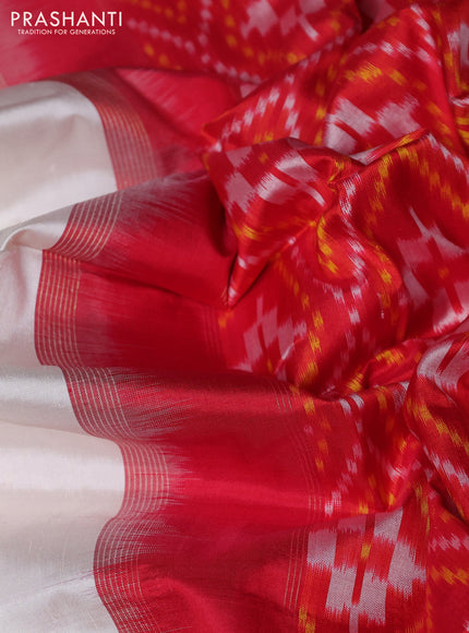 Pochampally silk saree off white and red with plain body and temple design rettapet zari woven border