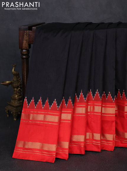 Pochampally silk saree black and red with plain body and temple design rettapet zari woven border