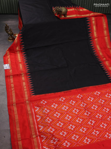 Pochampally silk saree black and red with plain body and temple design rettapet zari woven border