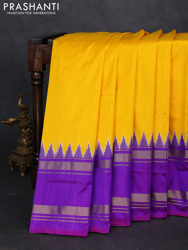 Pochampally silk saree mango yellow and purple with plain body and temple design rettapet zari woven border
