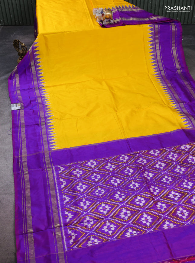 Pochampally silk saree mango yellow and purple with plain body and temple design rettapet zari woven border