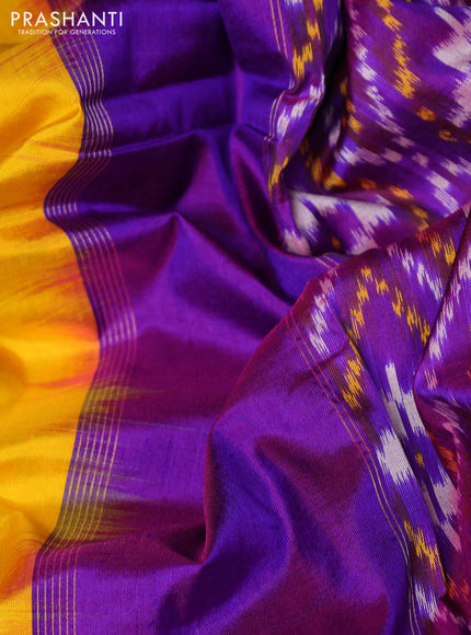 Pochampally silk saree mango yellow and purple with plain body and temple design rettapet zari woven border