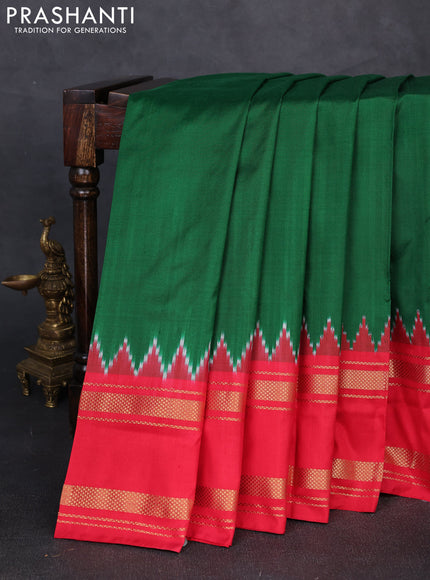 Pochampally silk saree green and red with plain body and temple design rettapet zari woven border