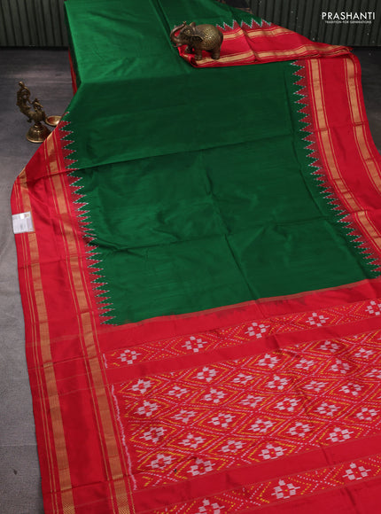 Pochampally silk saree green and red with plain body and temple design rettapet zari woven border