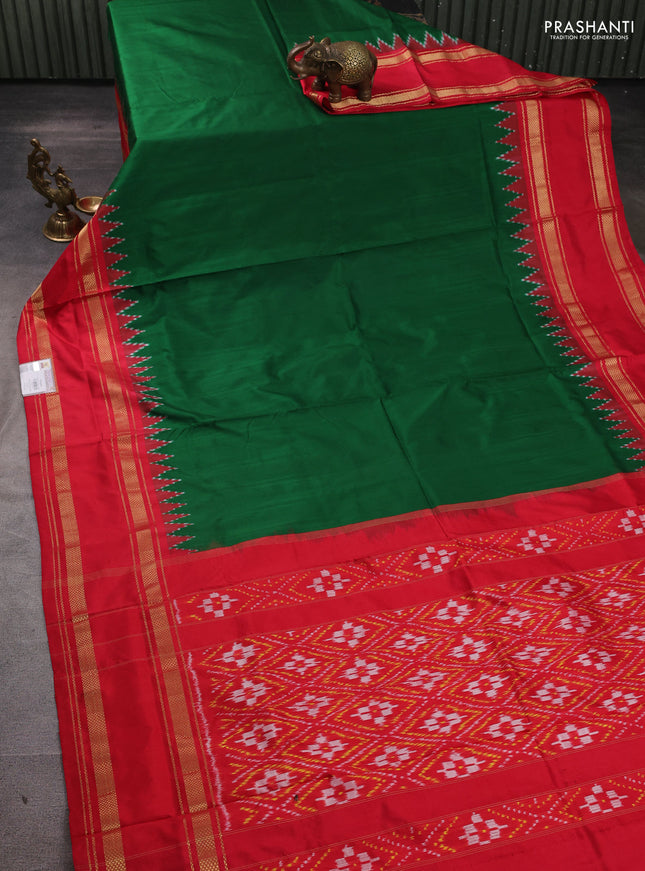 Pochampally silk saree green and red with plain body and temple design rettapet zari woven border