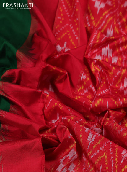 Pochampally silk saree green and red with plain body and temple design rettapet zari woven border
