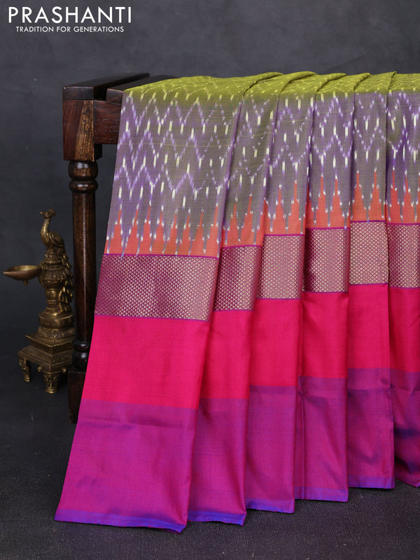 Pochampally silk saree dual shade of blish green and pink with allover ikat woven buttas and zari woven simple border