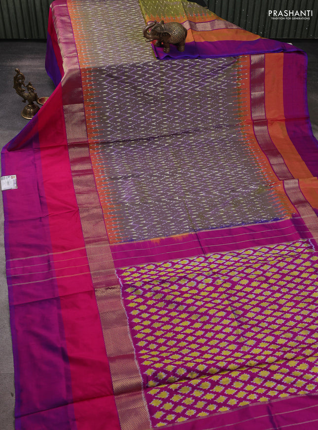 Pochampally silk saree dual shade of blish green and pink with allover ikat woven buttas and zari woven simple border