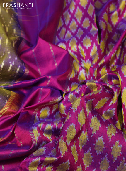 Pochampally silk saree dual shade of blish green and pink with allover ikat woven buttas and zari woven simple border