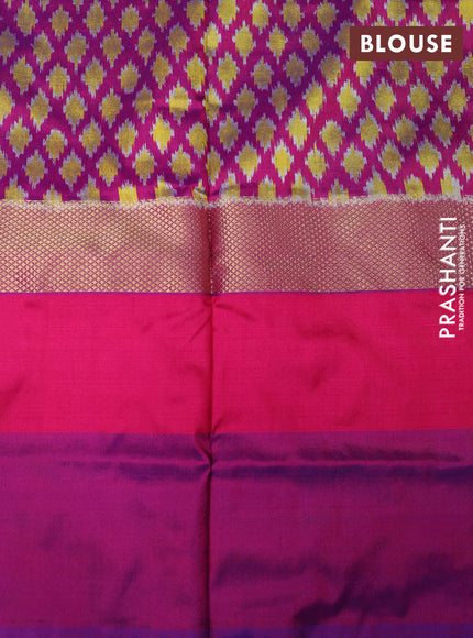 Pochampally silk saree dual shade of blish green and pink with allover ikat woven buttas and zari woven simple border