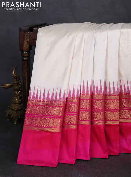 Pochampally silk saree off white and pink with plain body and zari woven simple border