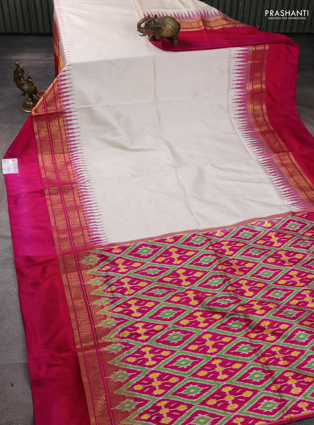 Pochampally silk saree off white and pink with plain body and zari woven simple border