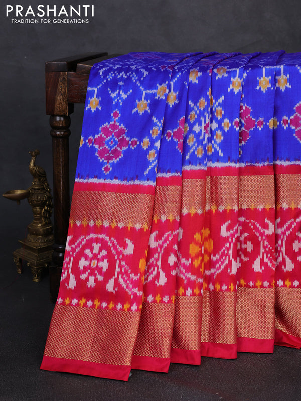 Pochampally silk saree blue and pink with allover ikat weaves and long zari woven ikat border
