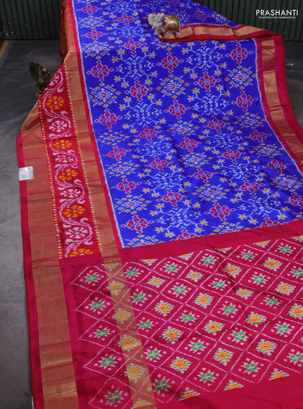 Pochampally silk saree blue and pink with allover ikat weaves and long zari woven ikat border