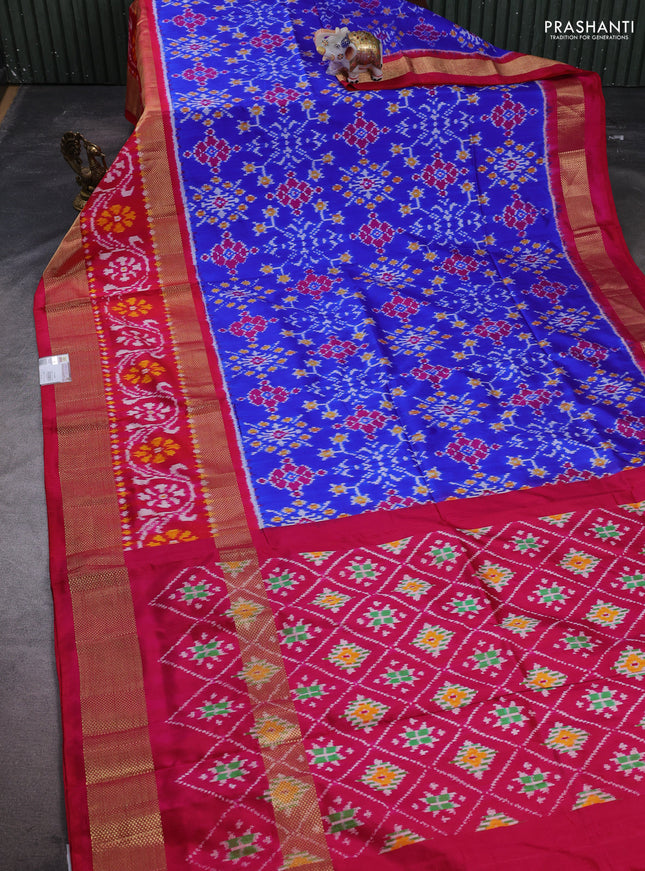 Pochampally silk saree blue and pink with allover ikat weaves and long zari woven ikat border