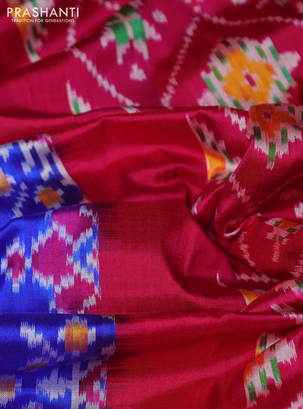 Pochampally silk saree blue and pink with allover ikat weaves and long zari woven ikat border