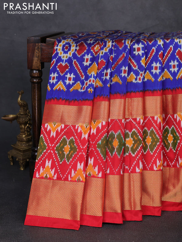 Pochampally silk saree blue and red with allover ikat weaves and long rettapet zari woven ikat border