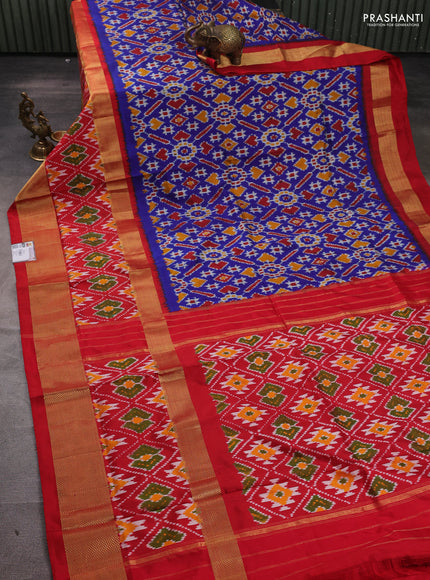 Pochampally silk saree blue and red with allover ikat weaves and long rettapet zari woven ikat border