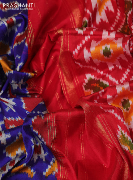 Pochampally silk saree blue and red with allover ikat weaves and long rettapet zari woven ikat border