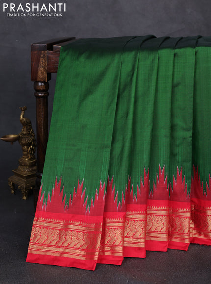 Pochampally silk saree bottle green and red with plain body and temple design zari woven border